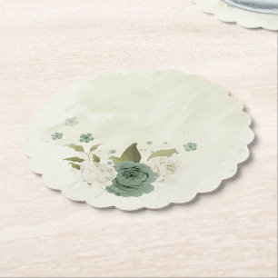 Dessous-de-verre En Papier mariage fleurs blanches vert sauge