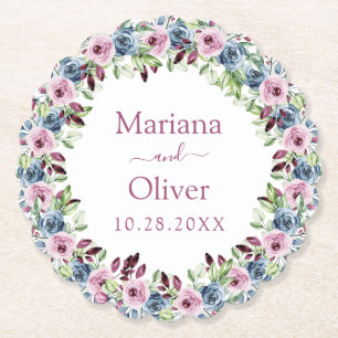 Dessous-de-verre En Papier Mariage floral aquarelle bleu marine et bordeaux