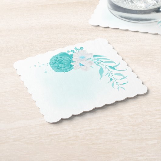 Dessous-de-verre En Papier mariage floral blanc turquoise (Incliné)