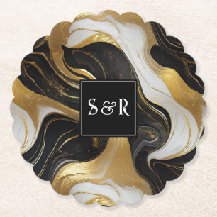 Dessous-de-verre En Papier Mariage marbré Monogram Faux Gold, noir & blanc
