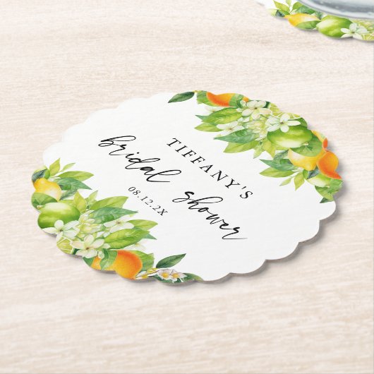 Dessous-de-verre En Papier Mariage Moderne d'Été Oranges Citron Citrus (Incliné)