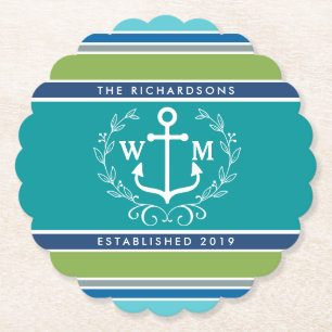 Dessous-de-verre En Papier Mariage Monogram Ancre Laurel Wreath Aqua Stripes