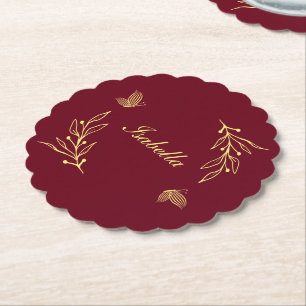 Dessous-de-verre En Papier Mariage romantique élégant or fleurs bordeaux
