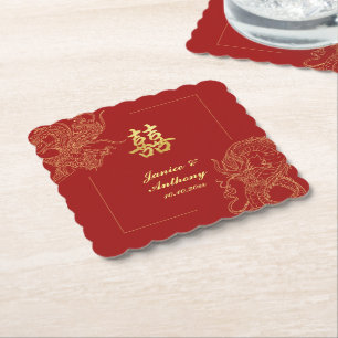 Dessous-de-verre En Papier Mariage traditionnel chinois rouge Dragon Phénix