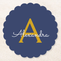 Marine Blue Gold Modern Script Girl Monogramme Nom