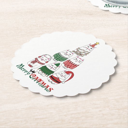 Dessous-de-verre En Papier Merry Catmas Funny Noël Kitten Tree (Incliné)