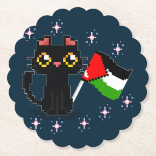 Dessous-de-verre En Papier mignon chat noir tient drapeau de la Palestine