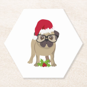 Dessous-de-verre En Papier Mignonne chien Carlin à Noël Santa Hat.