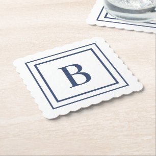 Dessous-de-verre En Papier Monogramme à bordure carrée bleu marine et blanc