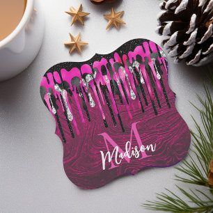 Dessous-de-verre En Papier Monogramme chic en rose pailleté noir avec gouttes