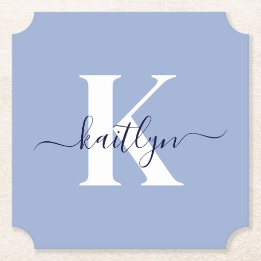 Dessous-de-verre En Papier Monogramme de script bleu moderne (Devant)