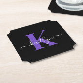 Dessous-de-verre En Papier Monogramme de script moderne violet noir (Incliné)