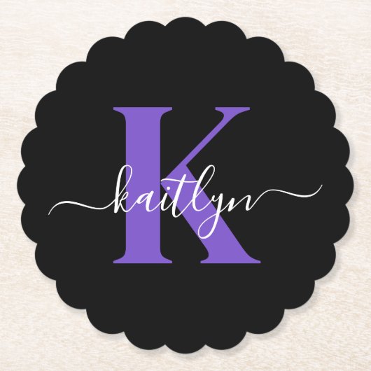 Dessous-de-verre En Papier Monogramme Moderne Violet Noir Script (Devant)