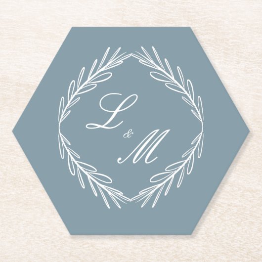 Dessous-de-verre En Papier Monogramme Script Branch Dusty Blue Mariage (Devant)
