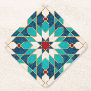 Dessous-de-verre En Papier Mosaïque marocaine de marbre blanc Turquoise bleu
