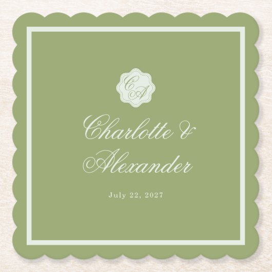 Dessous-de-verre En Papier Moss Green Calligraphy Wedding Paper Coaster (Devant)
