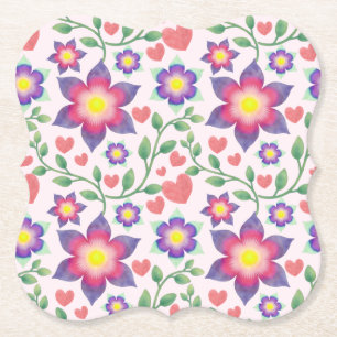 Dessous-de-verre En Papier Motif de cœurs floraux à l'aquarelle Rose romant