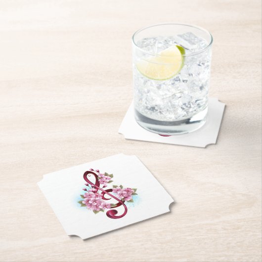 Dessous-de-verre En Papier Musical treble clef notes with sakura flowers (En situation)