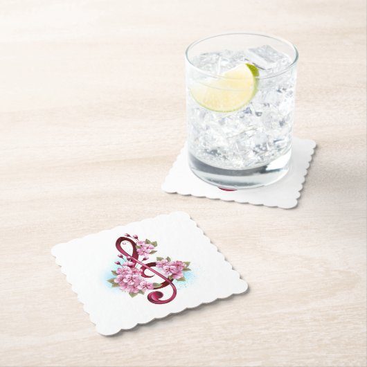 Dessous-de-verre En Papier Musical treble clef notes with sakura flowers (En situation)
