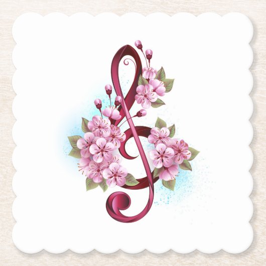 Dessous-de-verre En Papier Musical treble clef notes with sakura flowers (Devant)