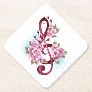 Dessous-de-verre En Papier Musical treble clef notes with sakura flowers