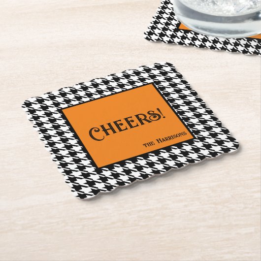 Dessous-de-verre En Papier Name & Cheers! Orange Black White Houndstooth  (Incliné)