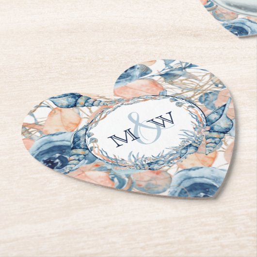 Dessous-de-verre En Papier Nautique Mariage Beach Sea Shell et Roses, (Incliné)