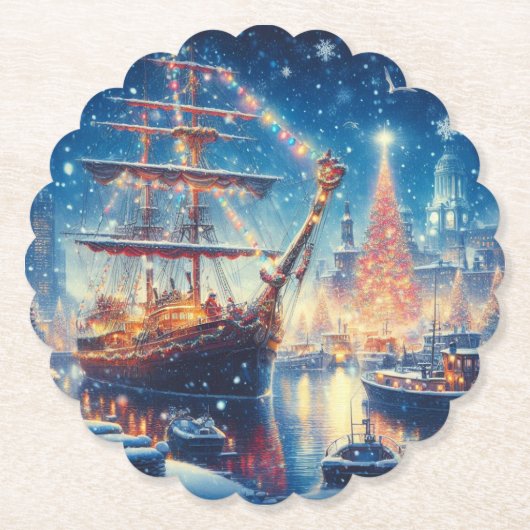 Dessous-de-verre En Papier Navire à quai Noël/hiver (Devant)