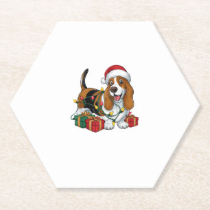 Dessous-de-verre En Papier Noël Éclairage Santa Hat Basset Hound Chien Noël