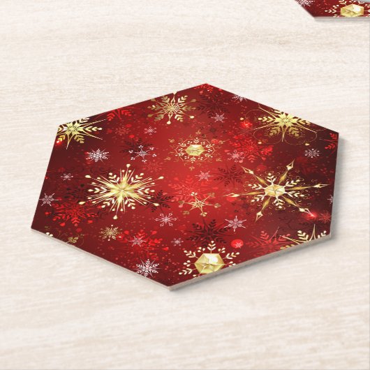 Dessous-de-verre En Papier Noël Golden Snowflakes sur Arrière - plan rouge (Incliné)
