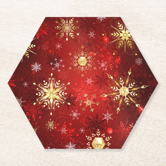 Dessous-de-verre En Papier Noël Golden Snowflakes sur Arrière - plan rouge (Devant)