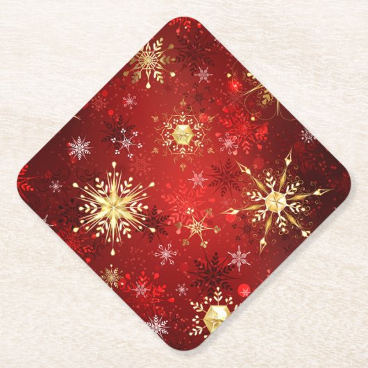 Dessous-de-verre En Papier Noël Golden Snowflakes sur Arrière - plan rouge (Devant)