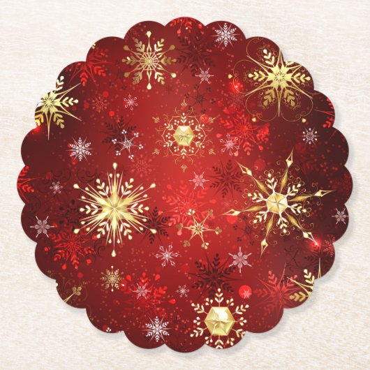 Dessous-de-verre En Papier Noël Golden Snowflakes sur Arrière - plan rouge (Devant)