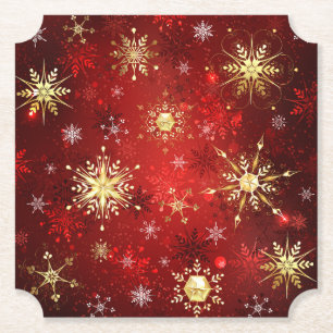 Dessous-de-verre En Papier Noël Golden Snowflakes sur Arrière - plan rouge