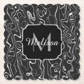 Dessous-de-verre En Papier Noir blanc gris damas tourbillons abstraits Monogr (Devant)