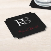 Dessous-de-verre En Papier Noir moderne Noir Monogramme Initiales Nom (Incliné)
