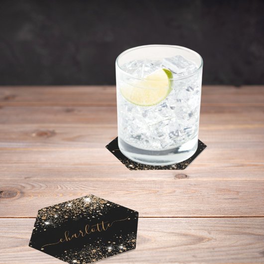 Dessous-de-verre En Papier Nom en écriture pailletée or noir