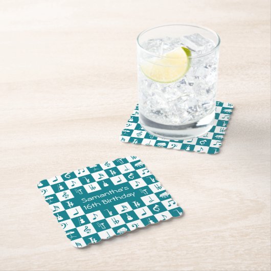 Dessous-de-verre En Papier Notes et instruments de musique turquoise et blanc (En situation)