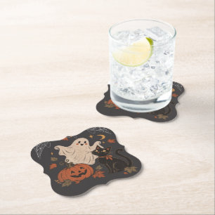 Dessous-de-verre En Papier Nuit vintage d'Halloween avec citrouille et fantôm
