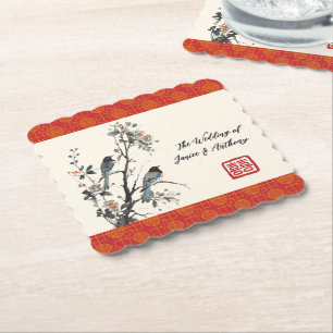 Dessous-de-verre En Papier Oiseau à fleurs rouges mariage oriental chinois