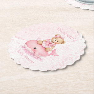 Dessous-de-verre En Papier Ours en peluche rose sur une fille baleine Baby Sh