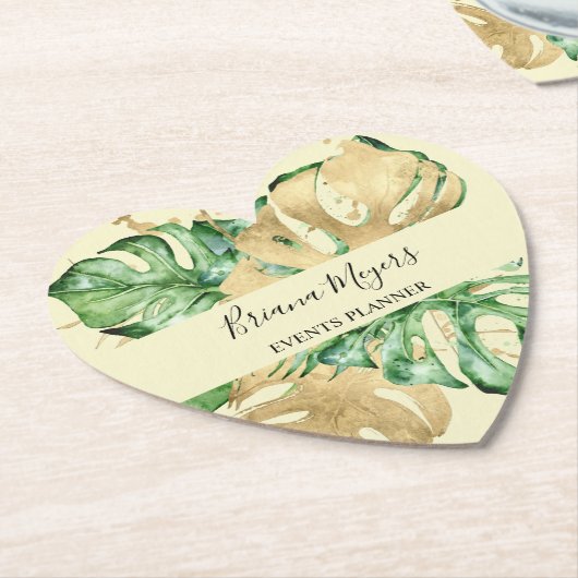 Dessous-de-verre En Papier Palmier vert Feuille or jaune Tropical (Incliné)