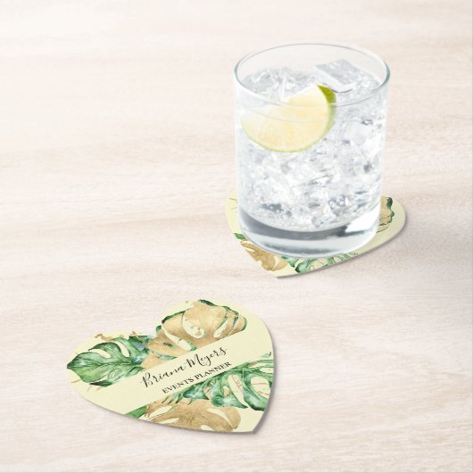 Dessous-de-verre En Papier Palmier vert Feuille or jaune Tropical (En situation)