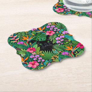 Dessous-de-verre En Papier Panthère noire Fleurs de jungle et feuillage tropi