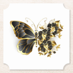 Dessous-de-verre En Papier Papillon à fleurs d'or avec orchidée noire