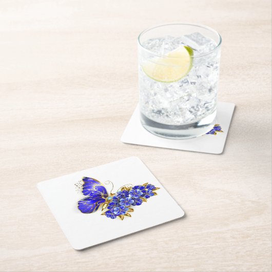 Dessous-de-verre En Papier Papillon saphir à fleurs (En situation)