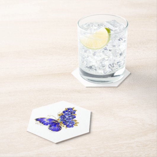 Dessous-de-verre En Papier Papillon saphir à fleurs (En situation)