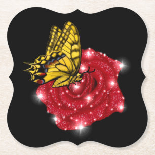 Dessous-de-verre En Papier Papillon sur rose rouge avec étoiles et gouttes de