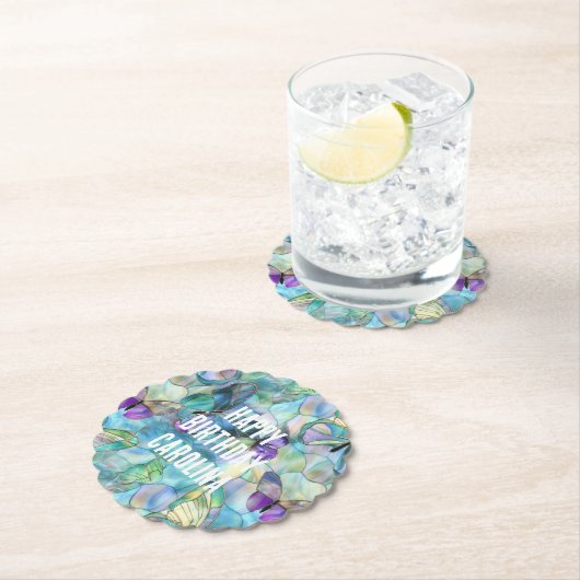 Dessous-de-verre En Papier Papillons bleu pourpre turquoise (En situation)