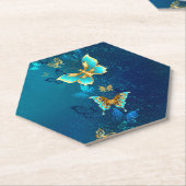 Dessous-de-verre En Papier Papillons d'or sur un Arrière - plan bleu (Incliné)